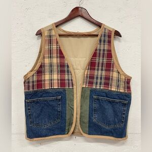Vintage Handmade Patchwork Denim Knit Plaid Fishing  Vest, Size XL